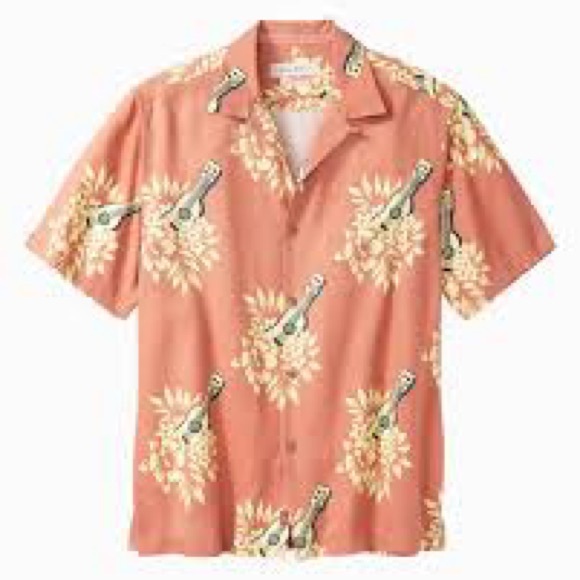 Tommy Bahama 100% Silk Hawaiian Shirt Ukulele Guitar Print Coral Floral Men’s - Picture 14 of 14